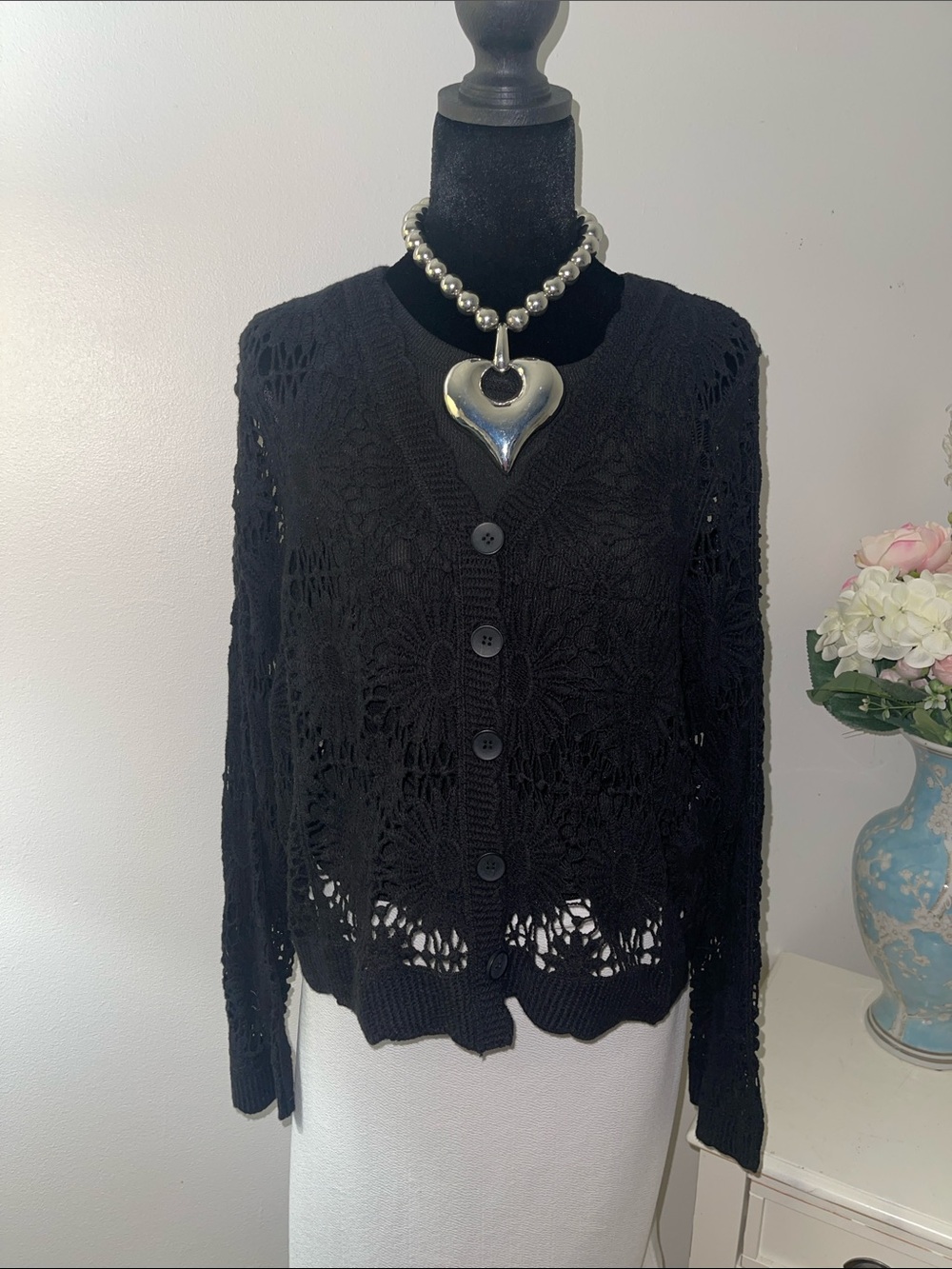 Esqualo Black Crochet Cardigan